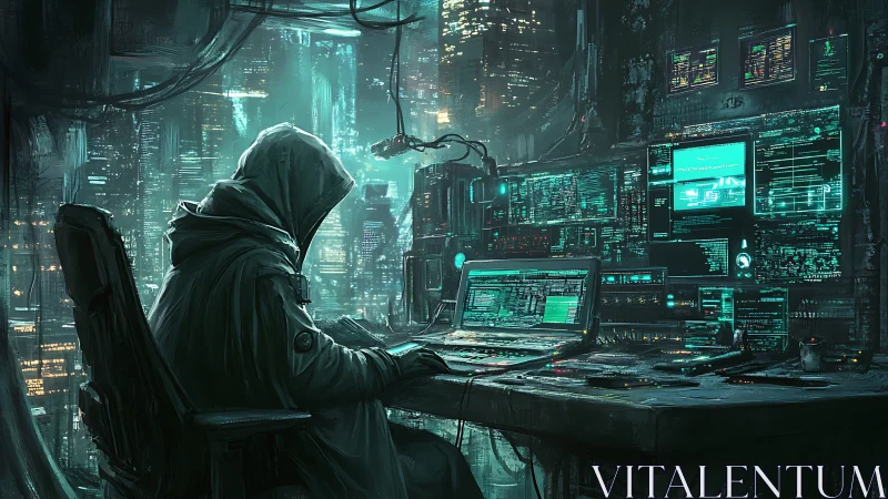 Solitary hooded hacker in neon teal cyberpunk command center