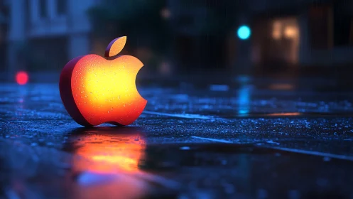 Glowing apple logo softly illuminates a rainy city street