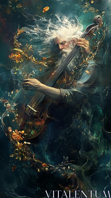 Elderly cellist in swirling abstract aquatic environment.