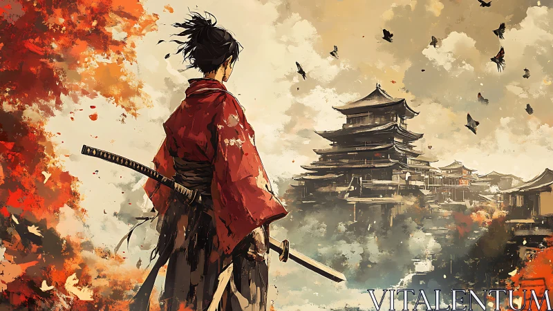 Lone samurai gazes toward an ancient sunlit fortress.