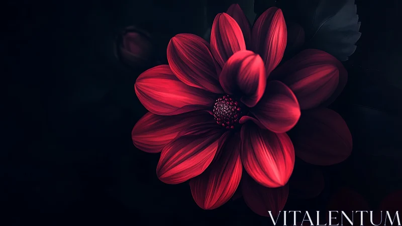 High-contrast red dahlia blossom with volumetric subsurface illumination against dark background.
