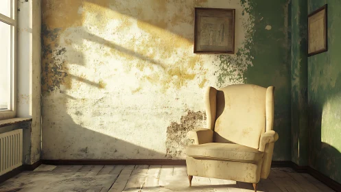 Sunlit decaying interior with aged wingback armchair study.