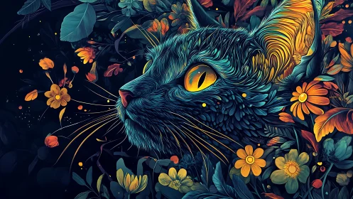 Mystical Cat Among Glowing Blooms in Night Garden.
