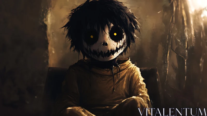 Distressed figure with stitched grin mask in dim ochre interior