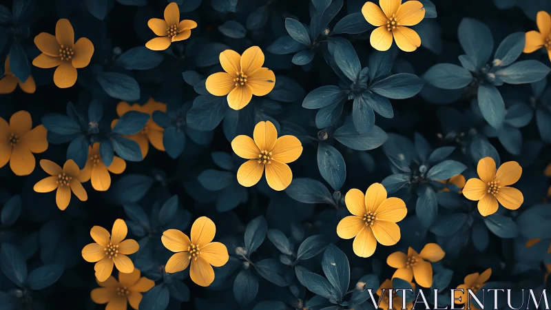 Golden Blooms Against Midnight Foliage Dream.