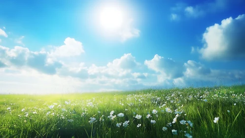 Sunny green meadow with white wildflowers under blue sky.