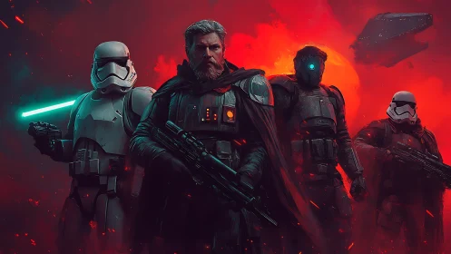 Armored sci fi soldiers before red celestial backdrop.