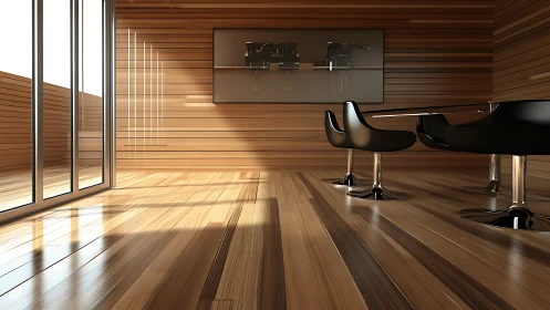 Rendered conference interior shows wood cladding and seating