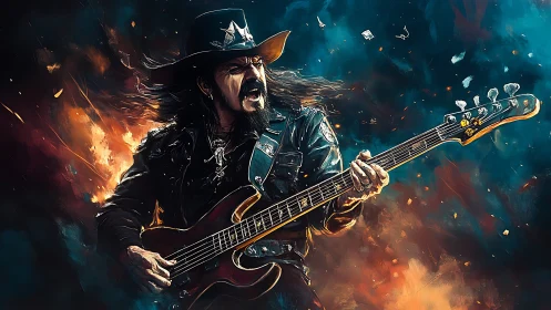 Electric rock bassist in flames and smoke, dynamic digital painting