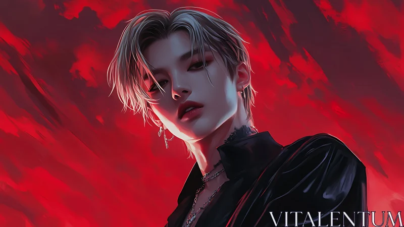 Digital portrait of androgynous figure on red abstract field.