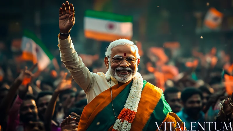Sunlit leader waves through jubilant flag-splashed crowd