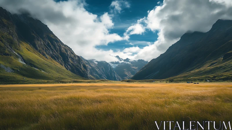Wide valley with golden grass between steep dark mountains.