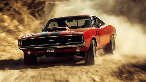 Dust-slinging red muscle car storms a sunlit desert track.