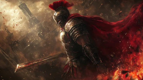 Roman warrior in blazing ruins with flowing crimson cape.