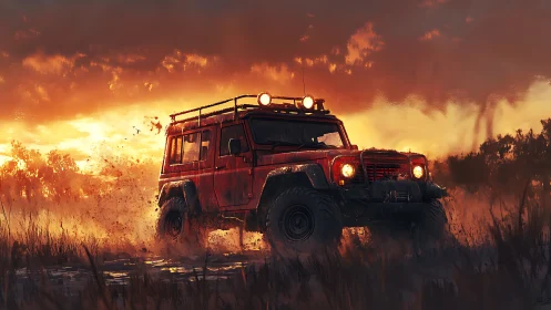 Digital off-road cruiser at dusk in cinematic brushwork.