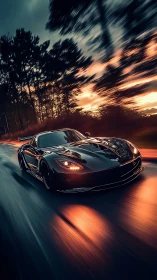 Sleek black sports car cuts through dusk with dynamic motion blur