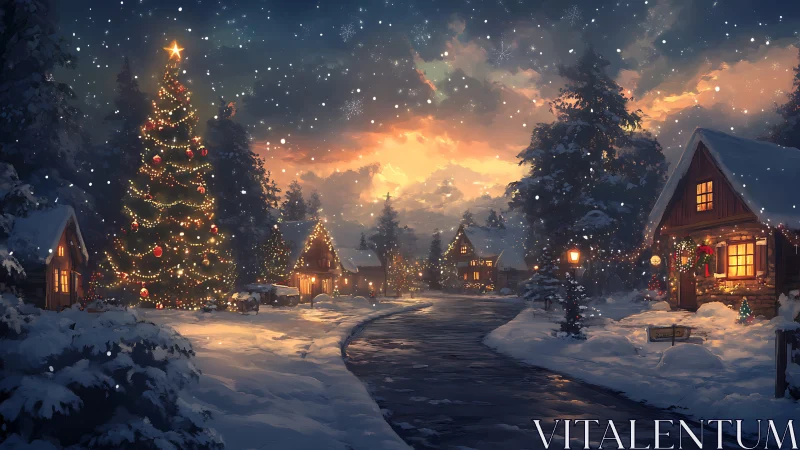 Snow-covered village street with decorated holiday tree.