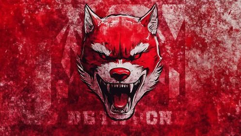 Red stylized wolf head logo is centered on textured field
