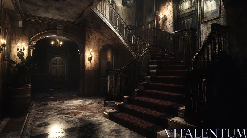 Grand wooden staircase dominates decayed mansion foyer