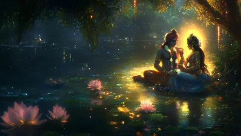 Moonlit lotus sanctuary with luminous lovers at the water’s edge.