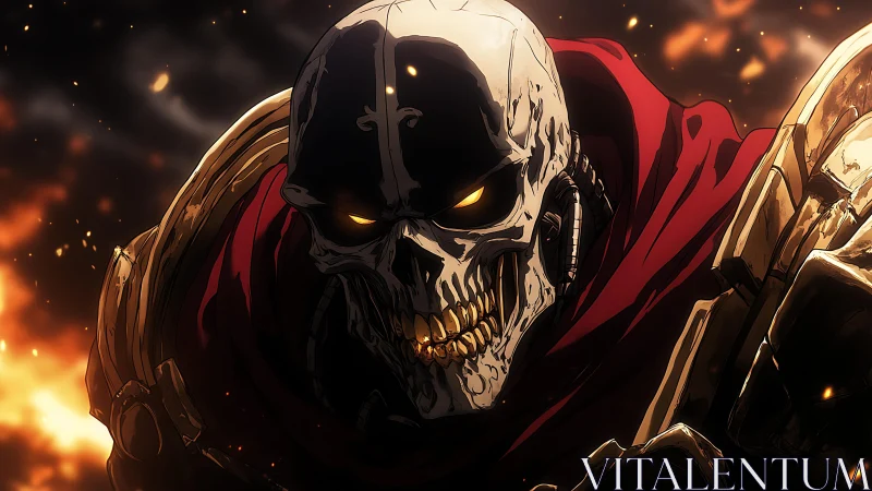 Armored skeletal warrior with glowing eyes in flames.