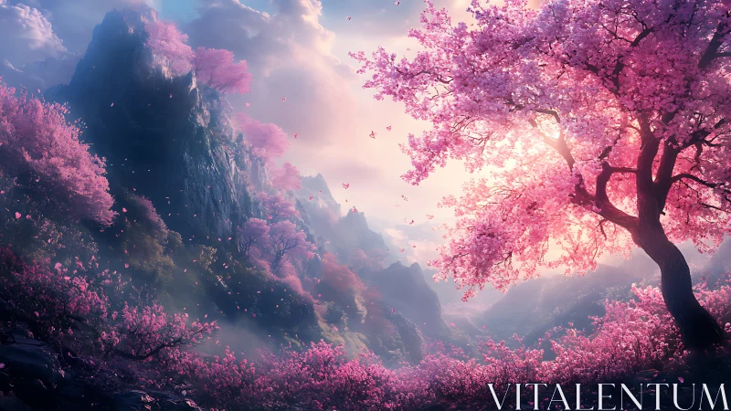 Majestic cherry blossom valley glows in ethereal sunrise light.