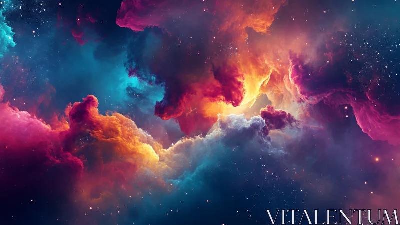 Color-saturated cosmic nebula clouds in deep space scene.