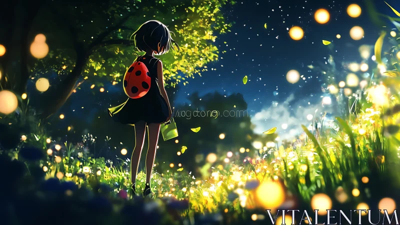 Girl stands in illuminated forest clearing under night sky