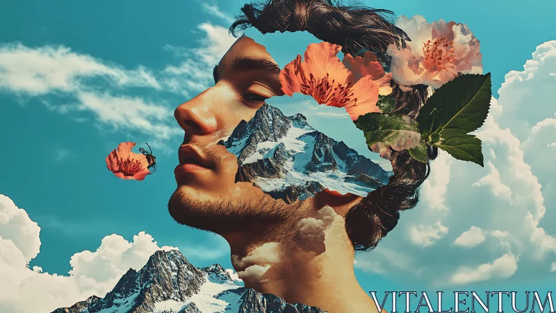 Surreal male portrait fused with alpine landscape and florals.
