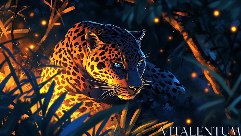 Luminescent Leopard in Fiery Night Forest.