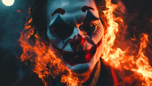 Firelit jester smiling through chaos and cinematic smoke.