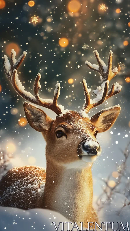 Snow-covered deer stands in shallow winter landscape scene