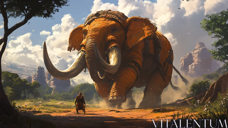 Colossal armored elephant strides toward a lone desert wanderer