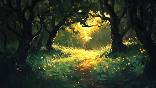 Luminescent Forest Corridor with Dappled Sunlight and Golden Wildflower Carpet.