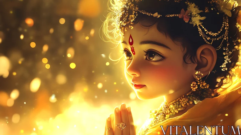 Golden child in prayerful light and gentle divine glow.