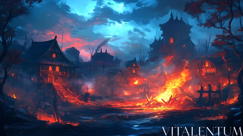 Burning Fantasy Citadel at Dusk with Infernal Flames.