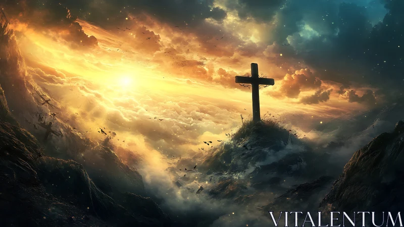 Cross on clouded ridge under bright distant sunlight.