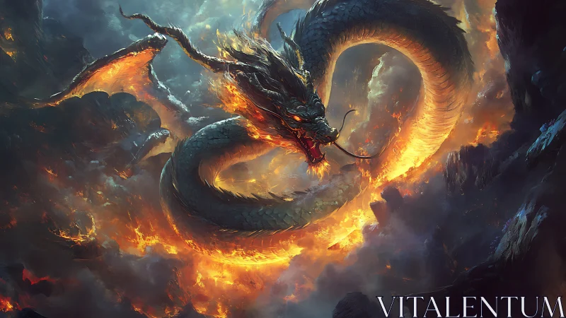 Volcanic serpentine dragon in turbulent pyroclastic vortex.