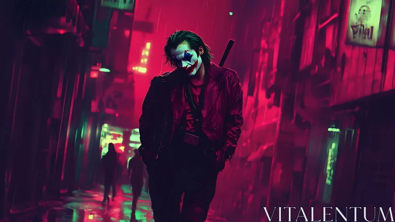 Neon clown rogue stalks rain-soaked cyberpunk alleys at night.