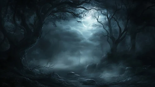 Moonlit fog drapes a haunted forest in spectral hush.