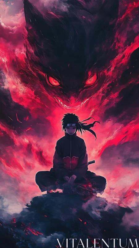 Dark shinobi meditates beneath raging red demon aura