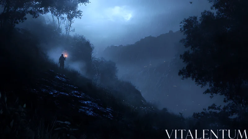 Lone figure with torch on rainy moonlit forest slope.