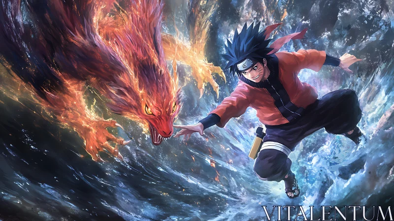 Dynamic shinobi in vortex with flaming fox spirit familiar