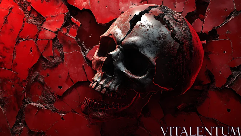 Human skull model embedded in fractured red textured surface