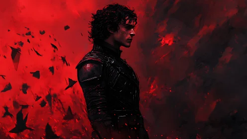 Storm-lit warrior stands steady in swirling crimson shadows