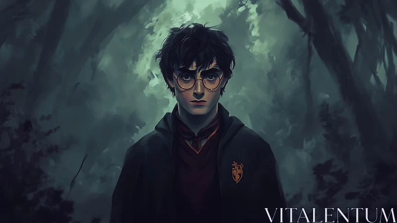 Young wizard stands brave in a misty, moonlit forest.