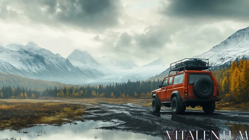 Red off-road SUV crosses misty valley toward snowy peaks.
