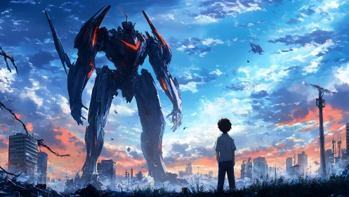 Mecha colossus confronting lone child in ruined skyline.