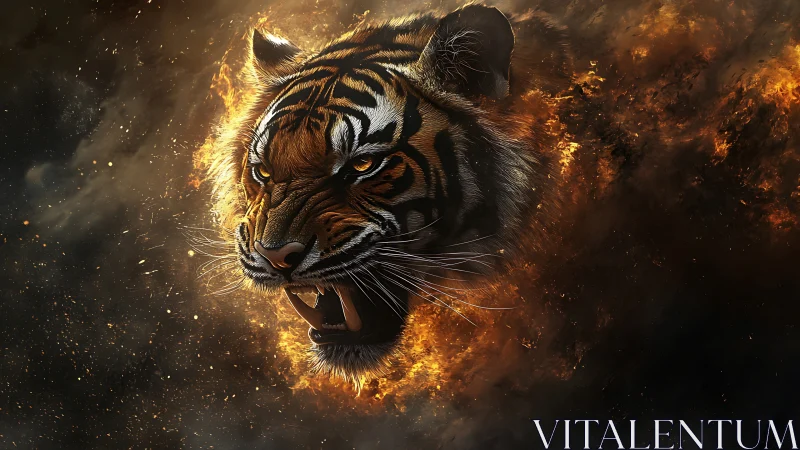 Digital painting of roaring tiger head emerging from flames.