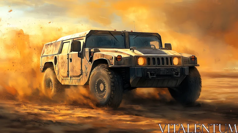 Armored off-road vehicle driving through desert dust.